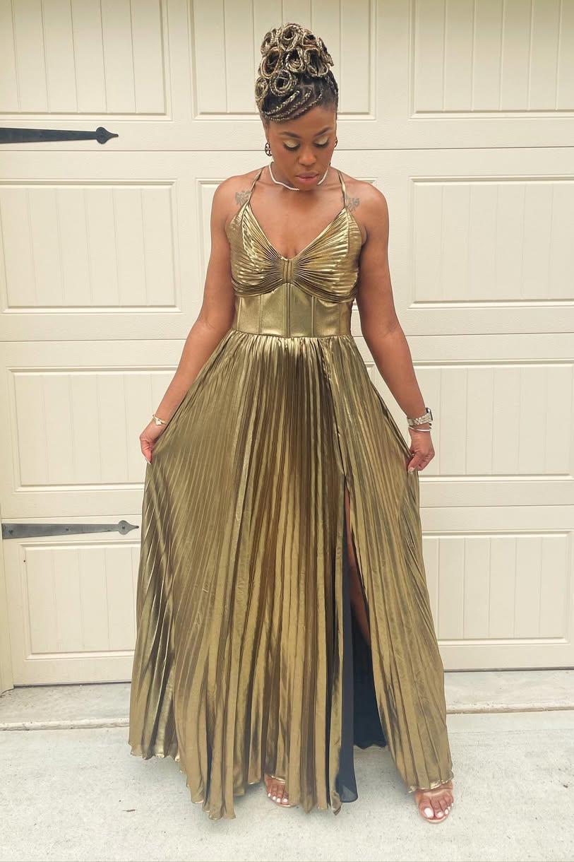 Gold Metallic Pleated A-line Long Prom Dress – Dressesforparty