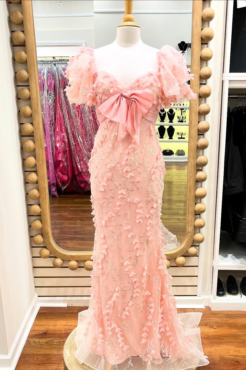 Short Puff Sleeves Pink Empire Long Formal Dress – Dressesforparty