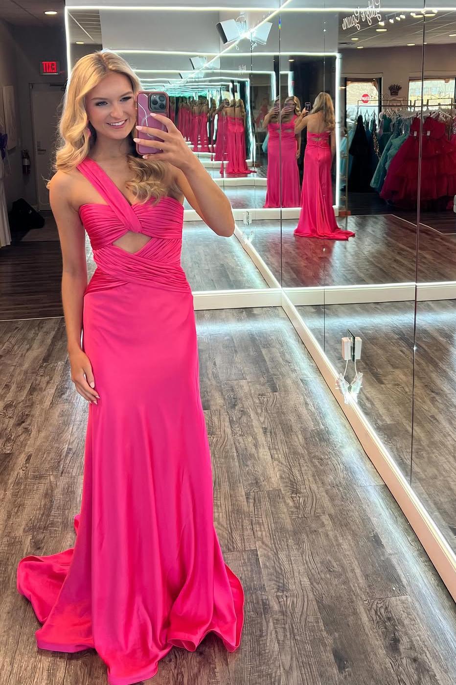 one shoulder hot pink prom dress One Shoulder Hot Pink Ruched Keyhole Fitted Prom Dress – Dressesforparty