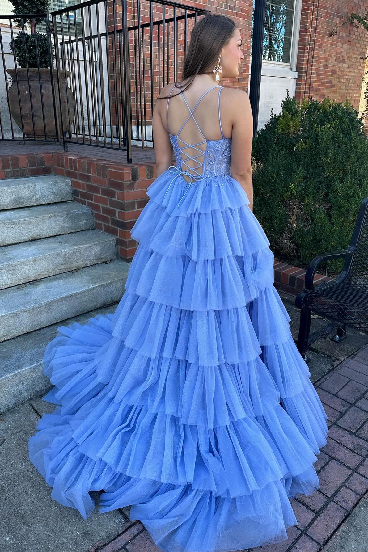 Straps Blue Appliques Tiered Ruffle Long Formal Dress