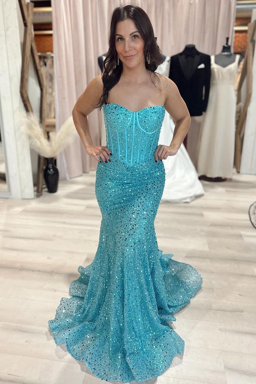 Tiffany Blue Sequin Mermaid Long Party Dress