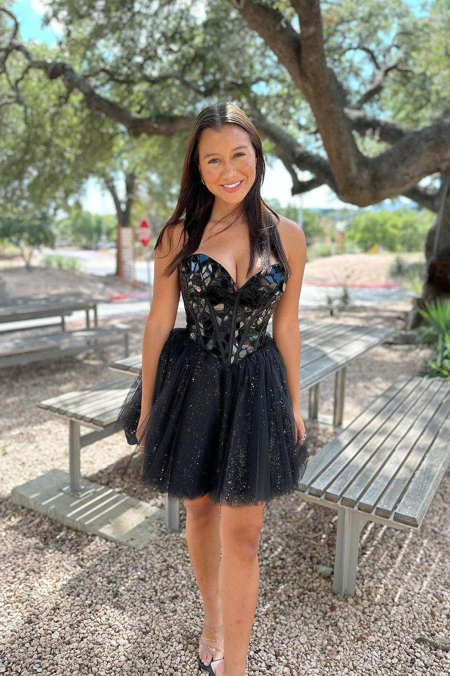 Sweetheart Black Mirror Glass A-line Short Princess Dress  Dressesforparty