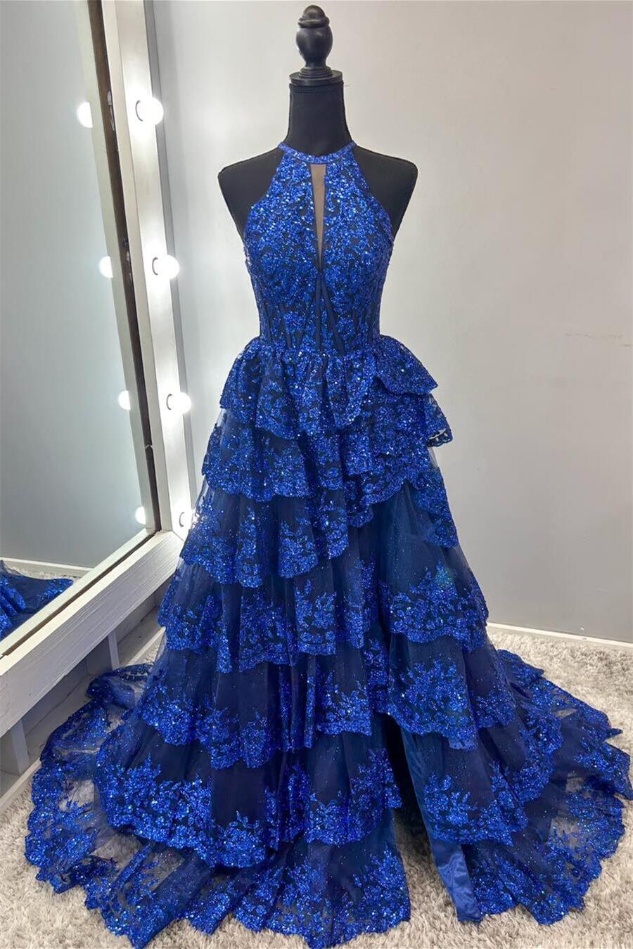 Halter Royal Blue Sequin Tulle Ruffles Gown