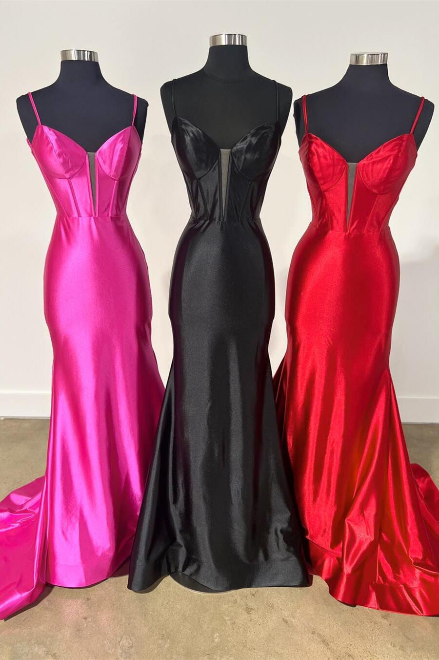 Straps Hot Pink Satin Mermaid Prom Dress