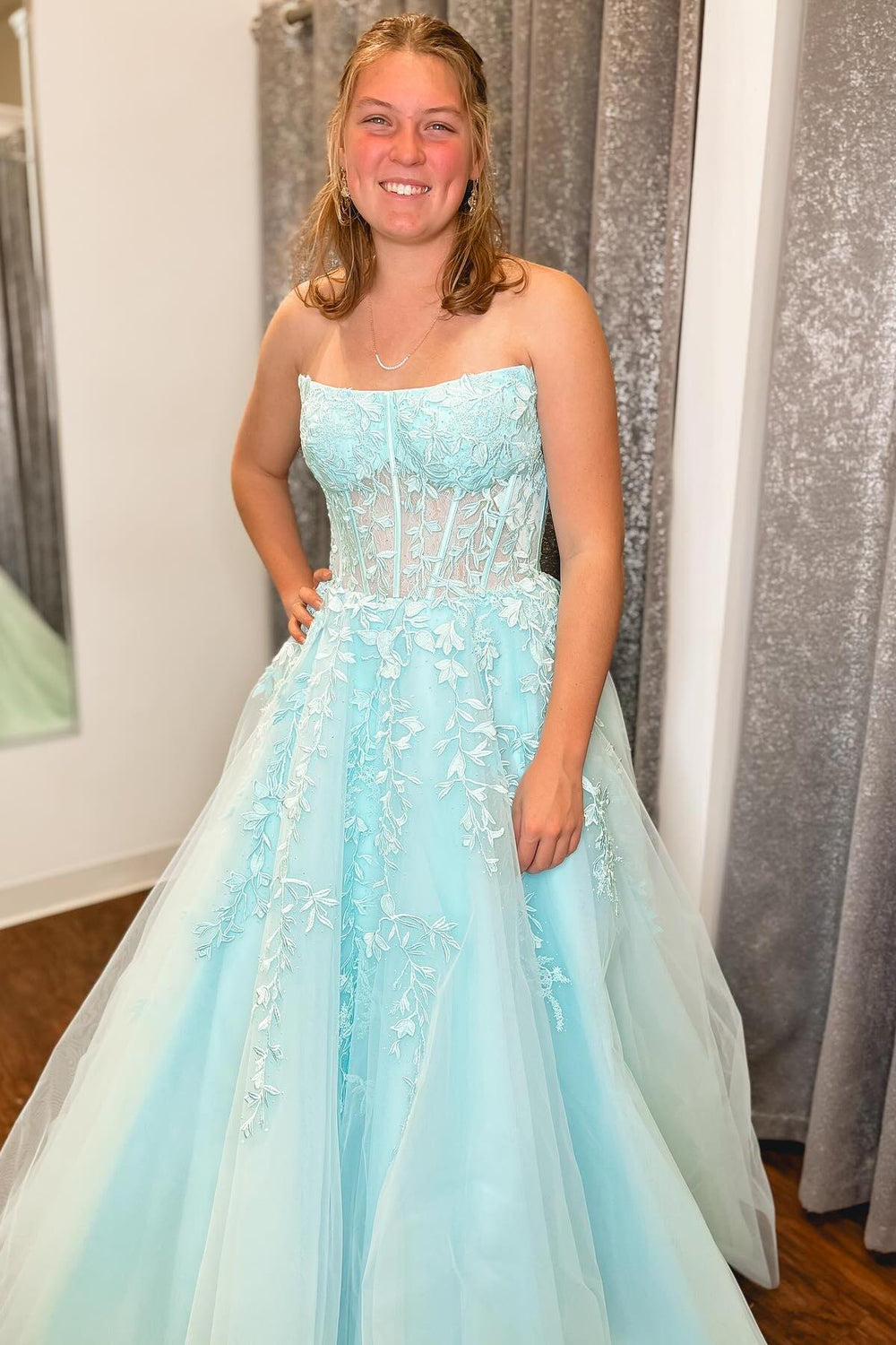 Blue A-Line Straps Lace Appliques Long Prom Dress Formal Party Dress,DP1282