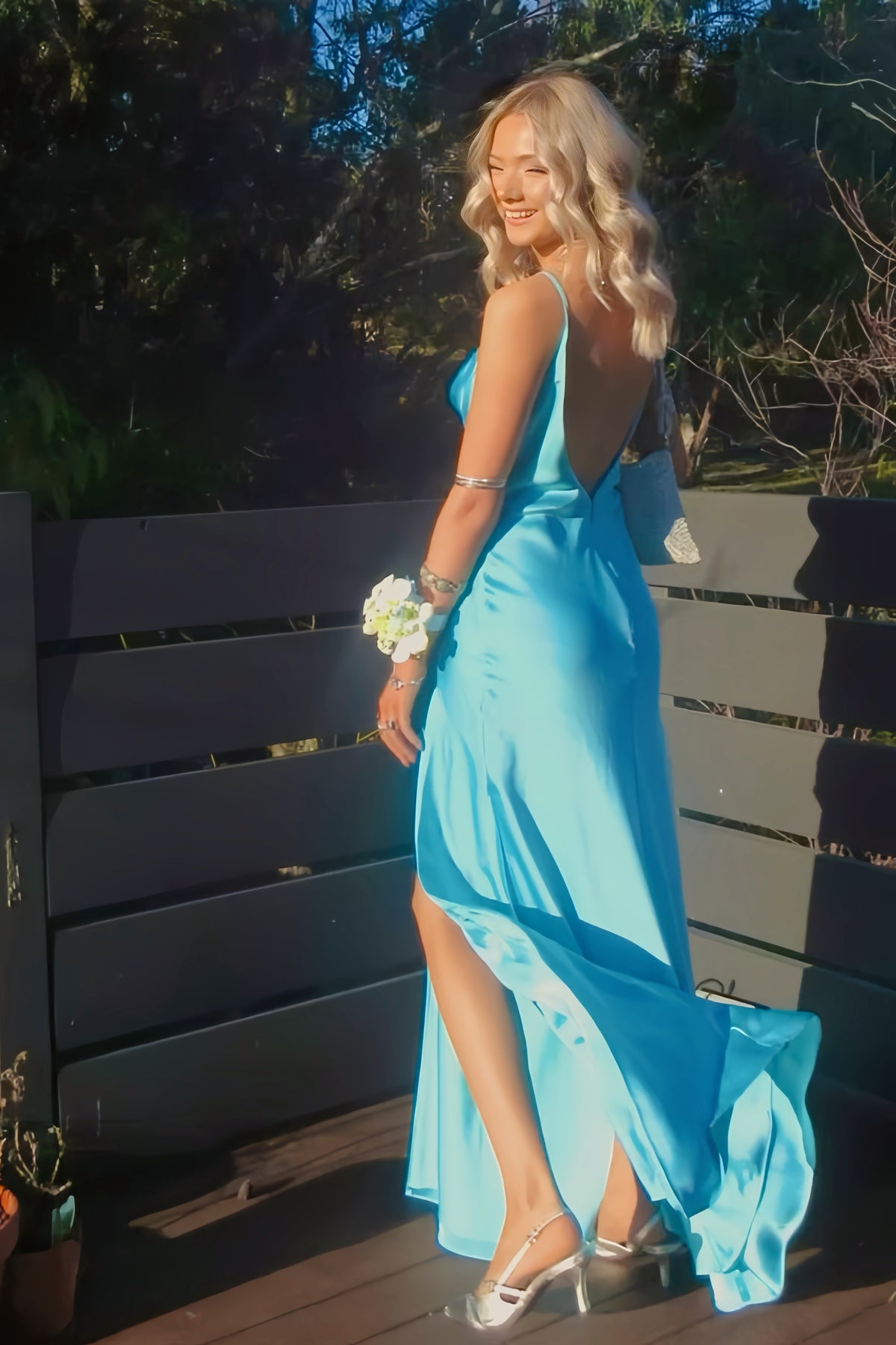 Blue Spaghetti Straps Cowl Neck Slit Dress