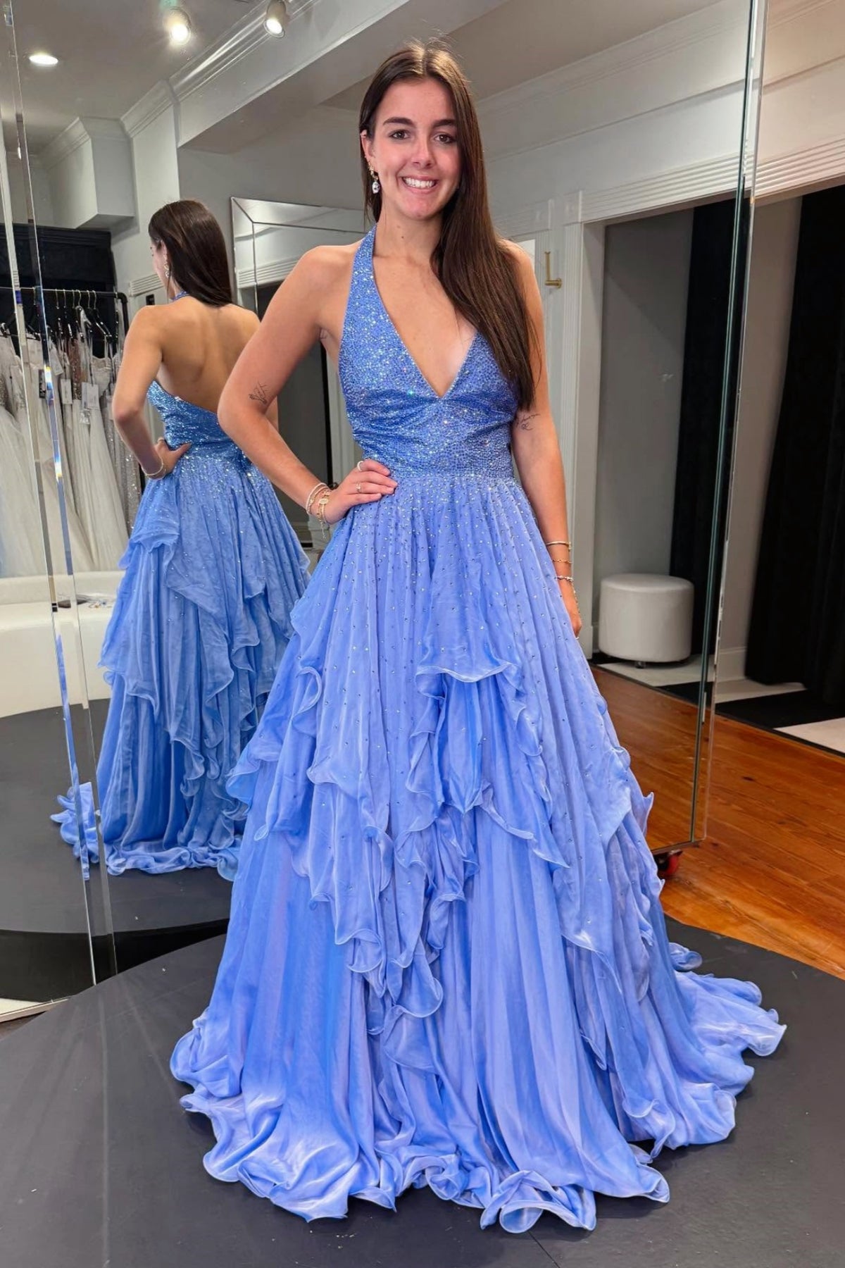 Periwinkle A-line Halter V-neck Beaded Prom Dress – Dressesforparty Periwinkle A-line Halter V-neck Beaded Prom Dress – Dressesforparty