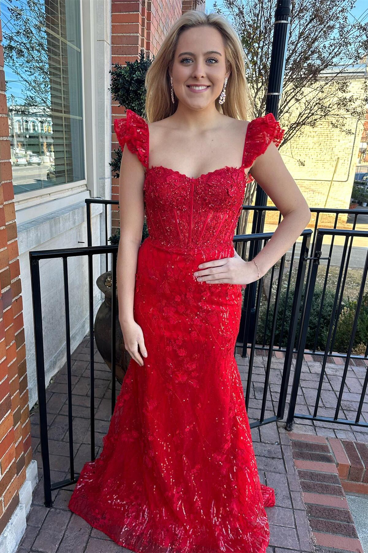 Flare Straps Red Mermaid Long Formal Dress