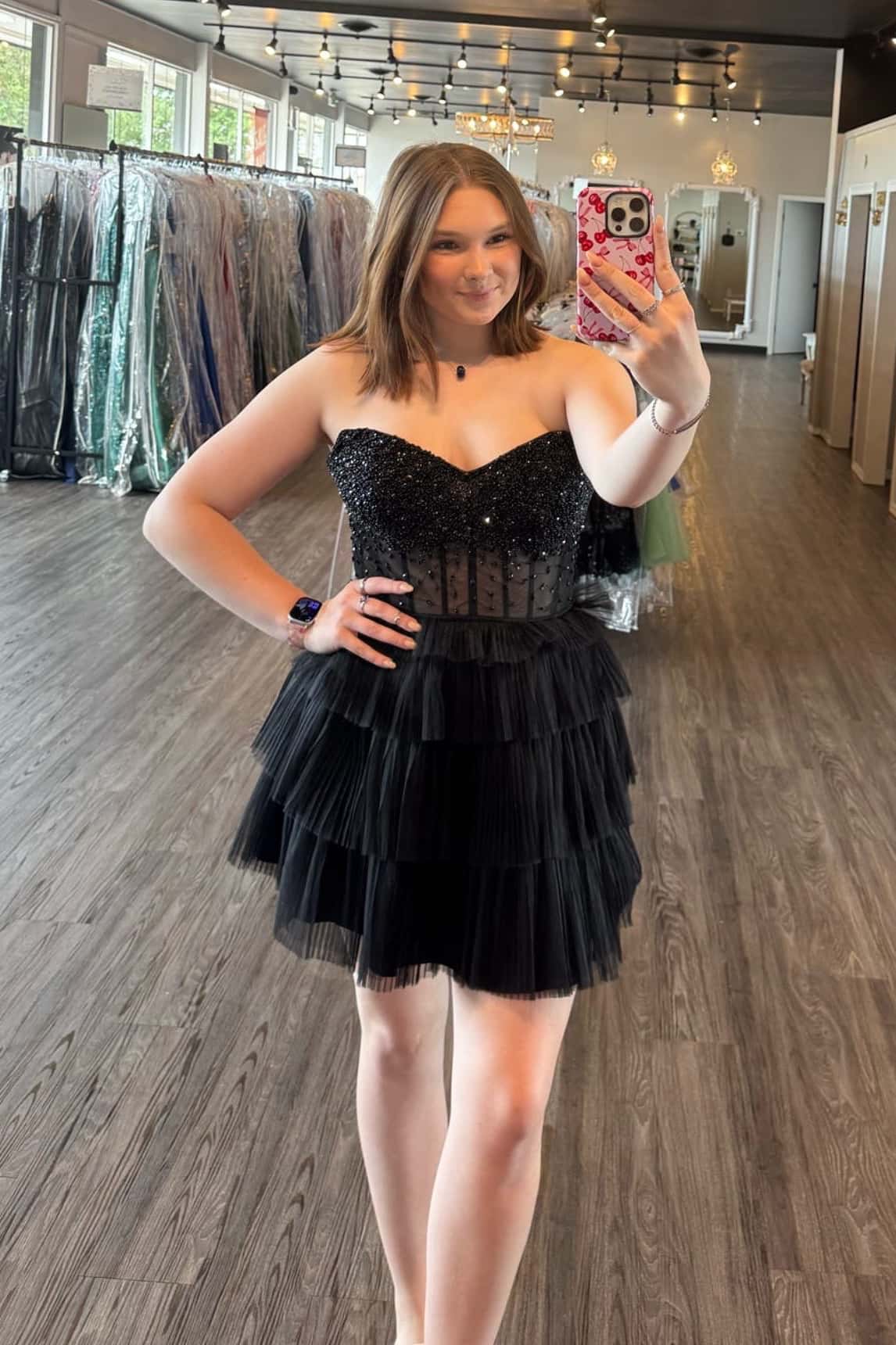 Beaded Black Tulle Tiered A-line Short Dress