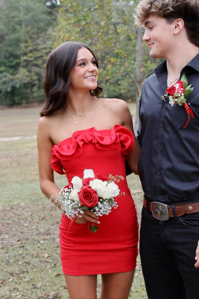 Red Bodycon Strapless Ruffle Neckline Mini Dress