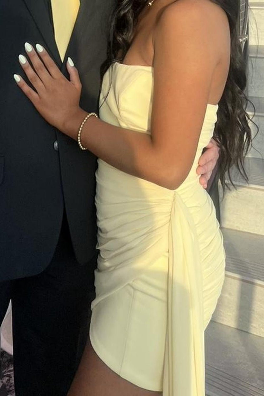 Yellow Strapless Ruched Homecoming Dress with Train Dressesforparty Yellow Strapless Ruched Homecoming Dress with Train Dressesforparty