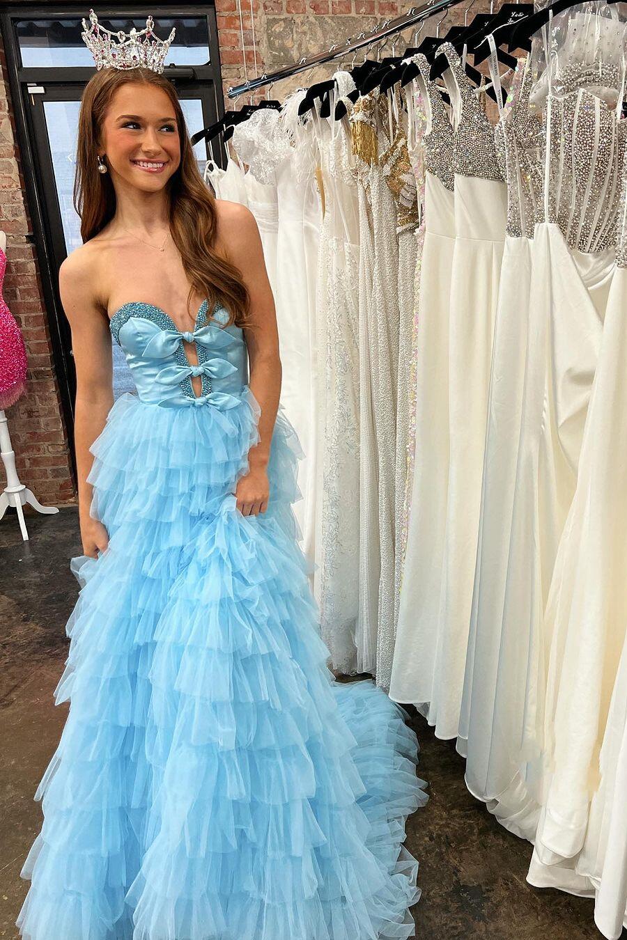 Beaded Sweetheart Light Blue Ruffles Long Dress – Dressesforparty