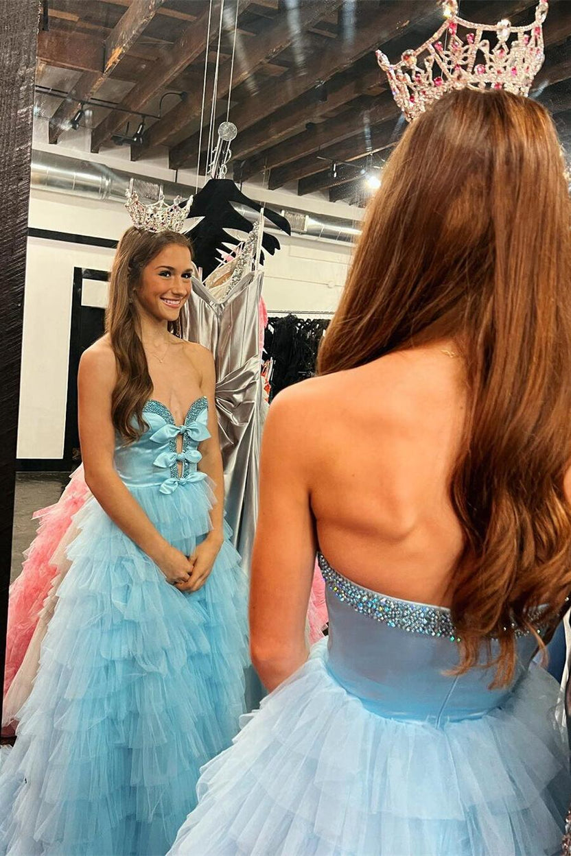 Beaded Sweetheart Light Blue Ruffles Long Dress – Dressesforparty