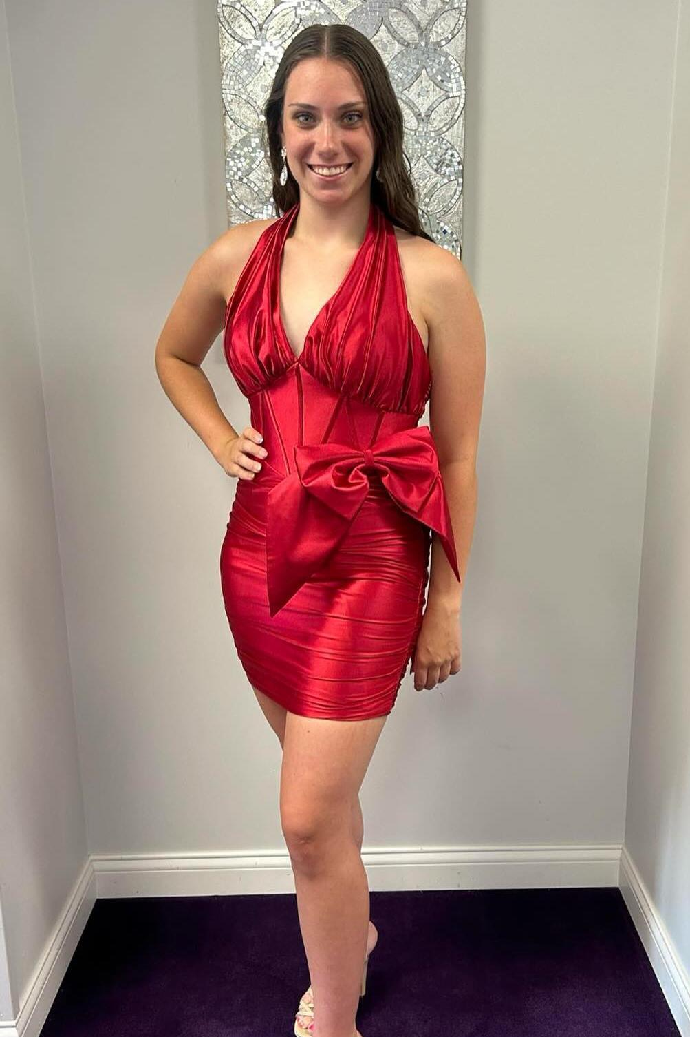 Halter Red Ruched Tight Mini Dress with Bow Dressesforparty Halter Red Ruched Tight Mini Dress with Bow Dressesforparty