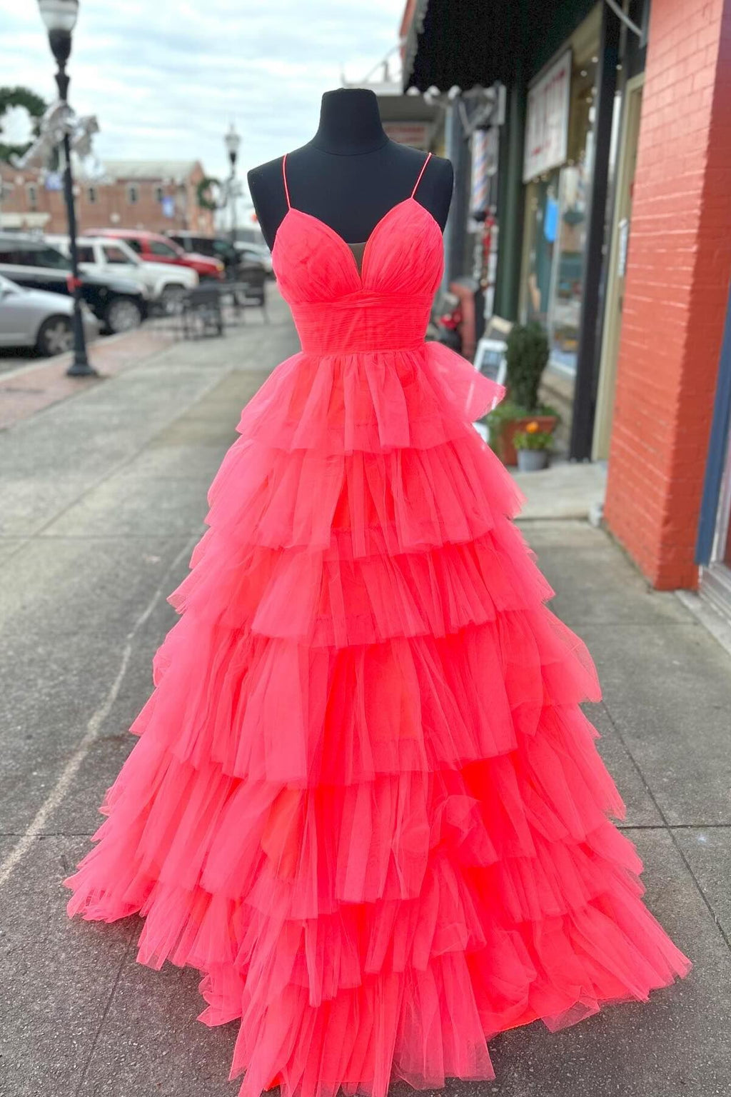 A279. Coral Ruffle Tiered Dress