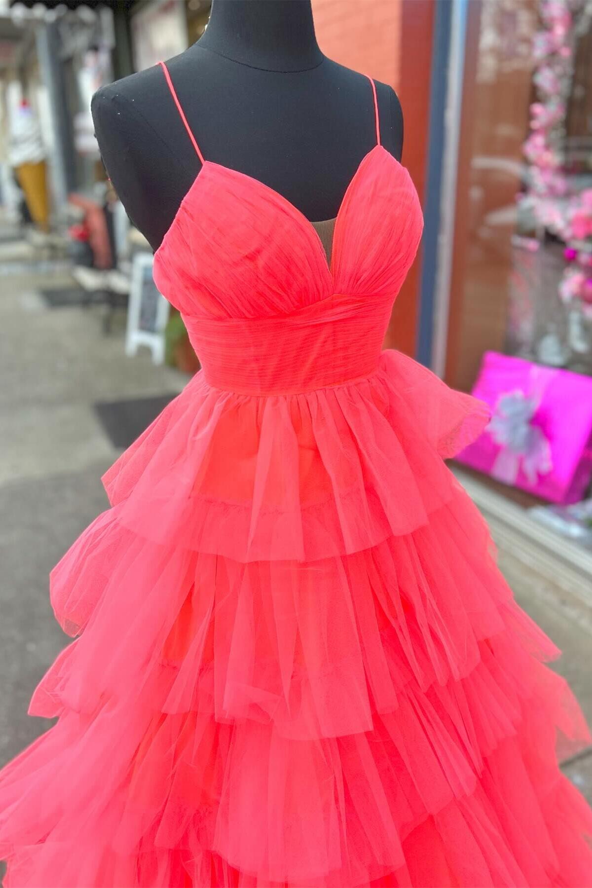 Straps Coral Tulle Tiered Ruffle Formal Gown
