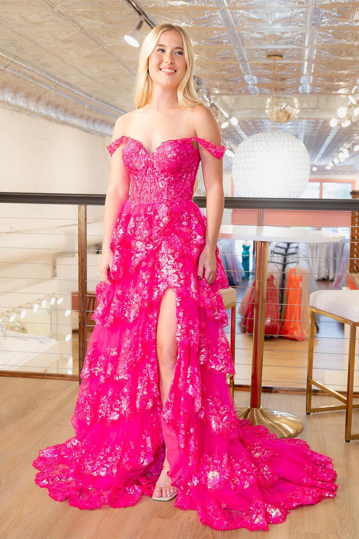 Off the Shoulder Fuchsia Tulle Sequin Prom Dress