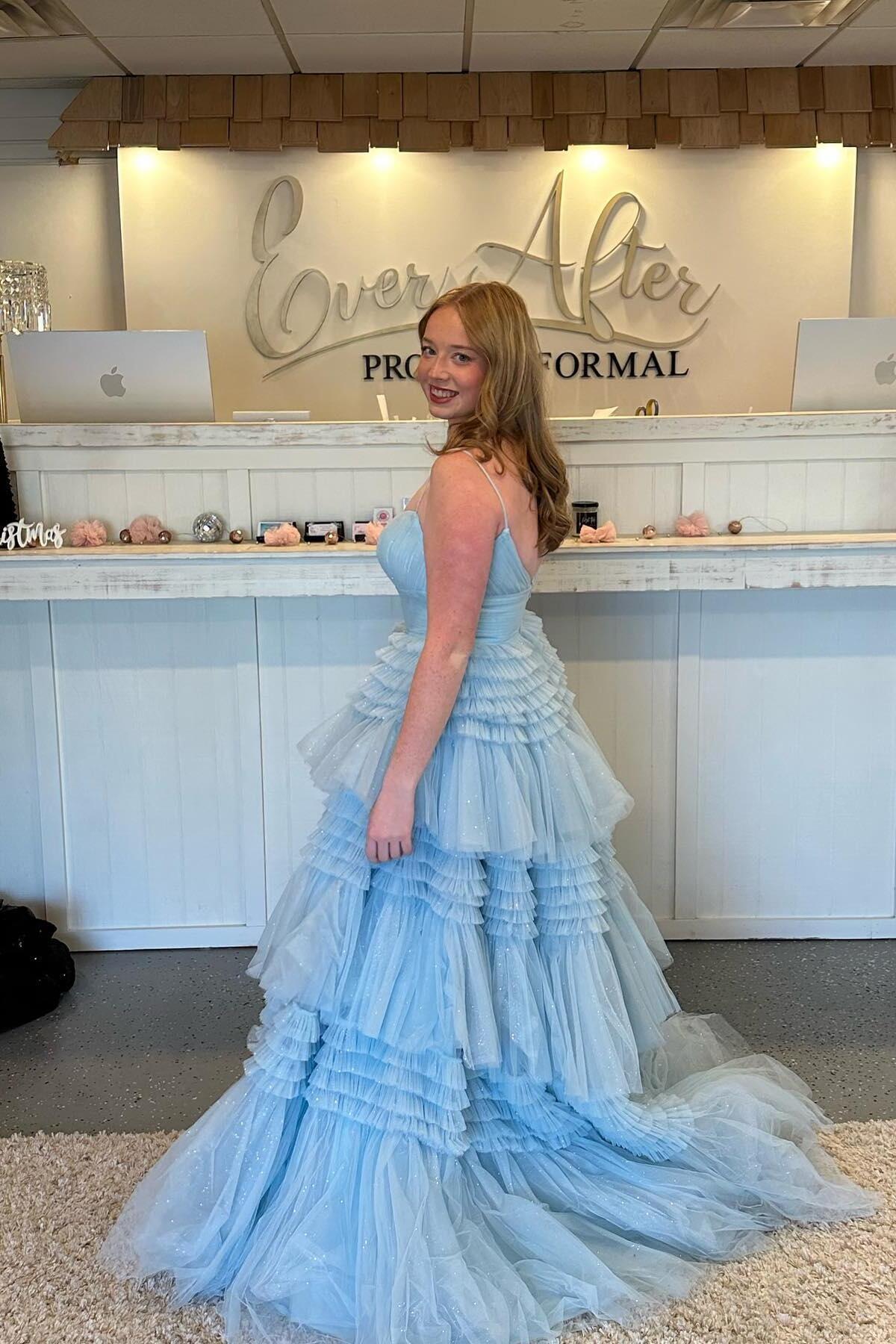 Straps Light Blue Tulle Ruffles A-line Formal Gown