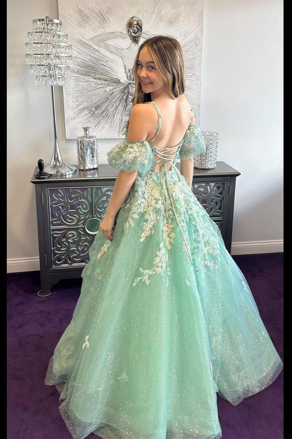 A-line Lace Appliqued Dress with Trailing Sage