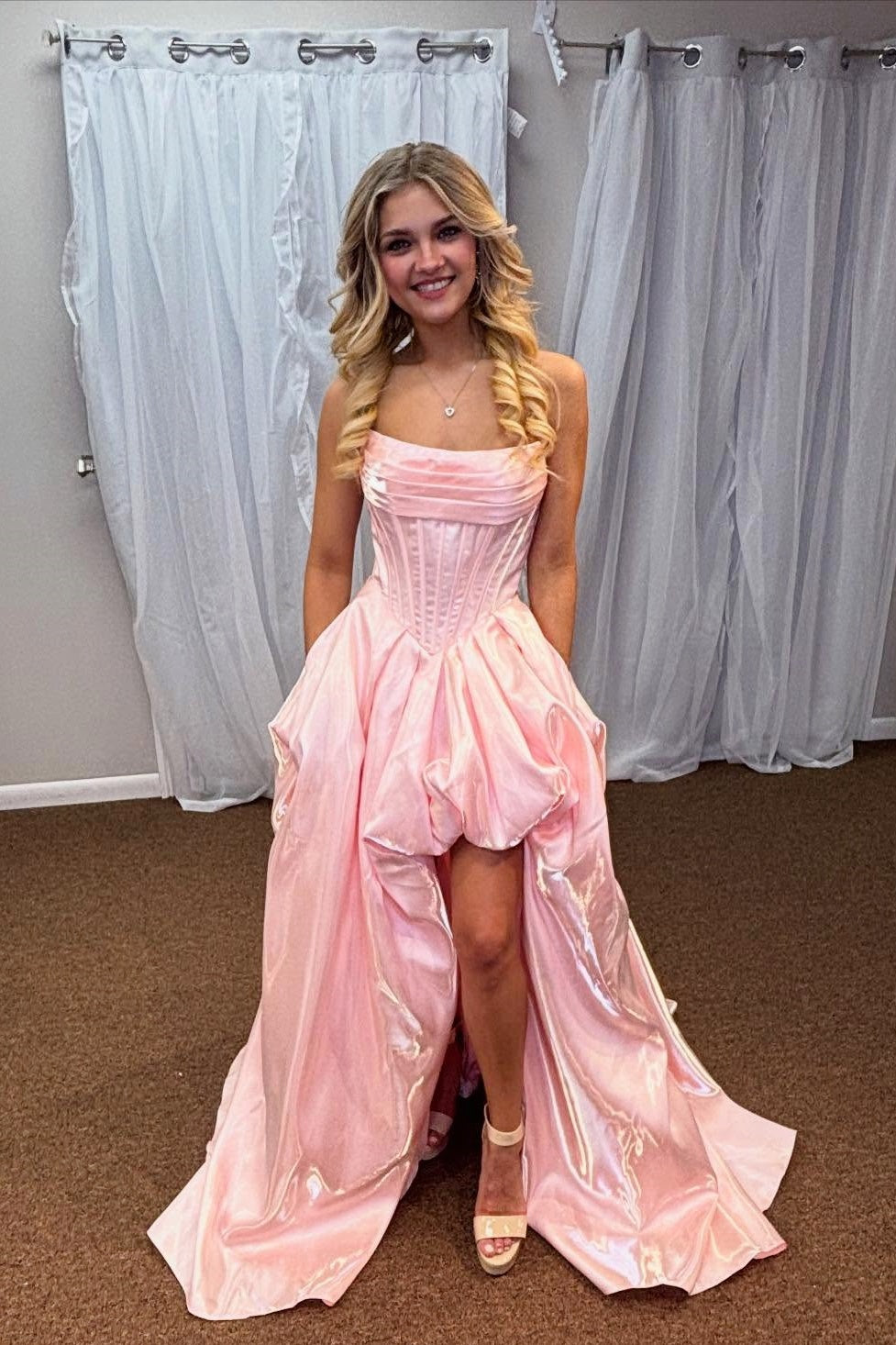 Pink Strapless A-Line Dress with Slit