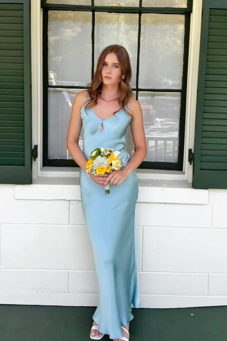 Blue Cut-out Fitted Long Prom Dress