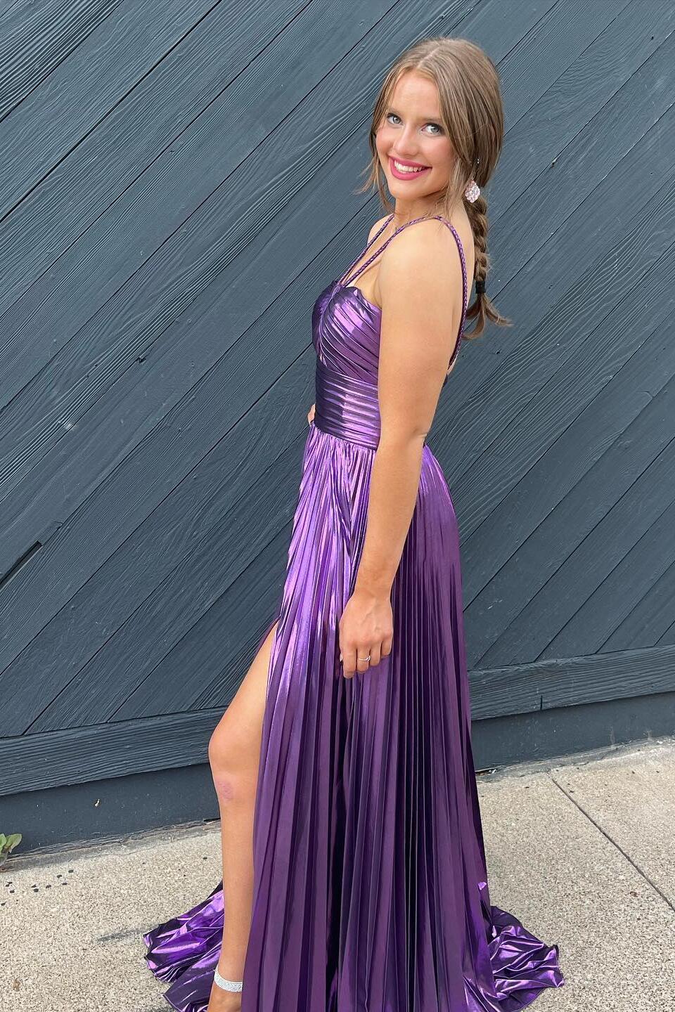 Halter Purple A-line Prom Dress with Slit