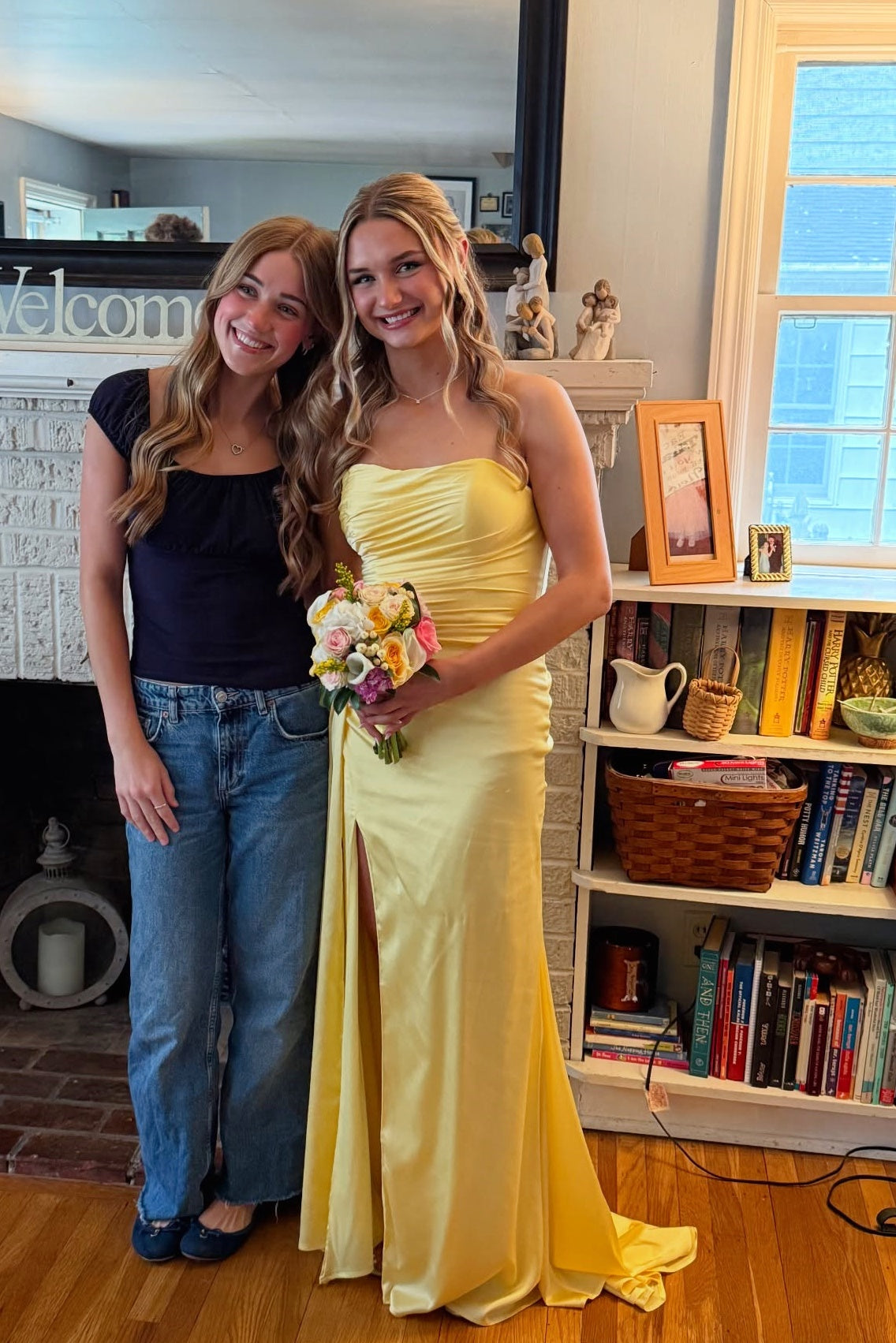 Yellow Ruched Satin Long Dress with Train