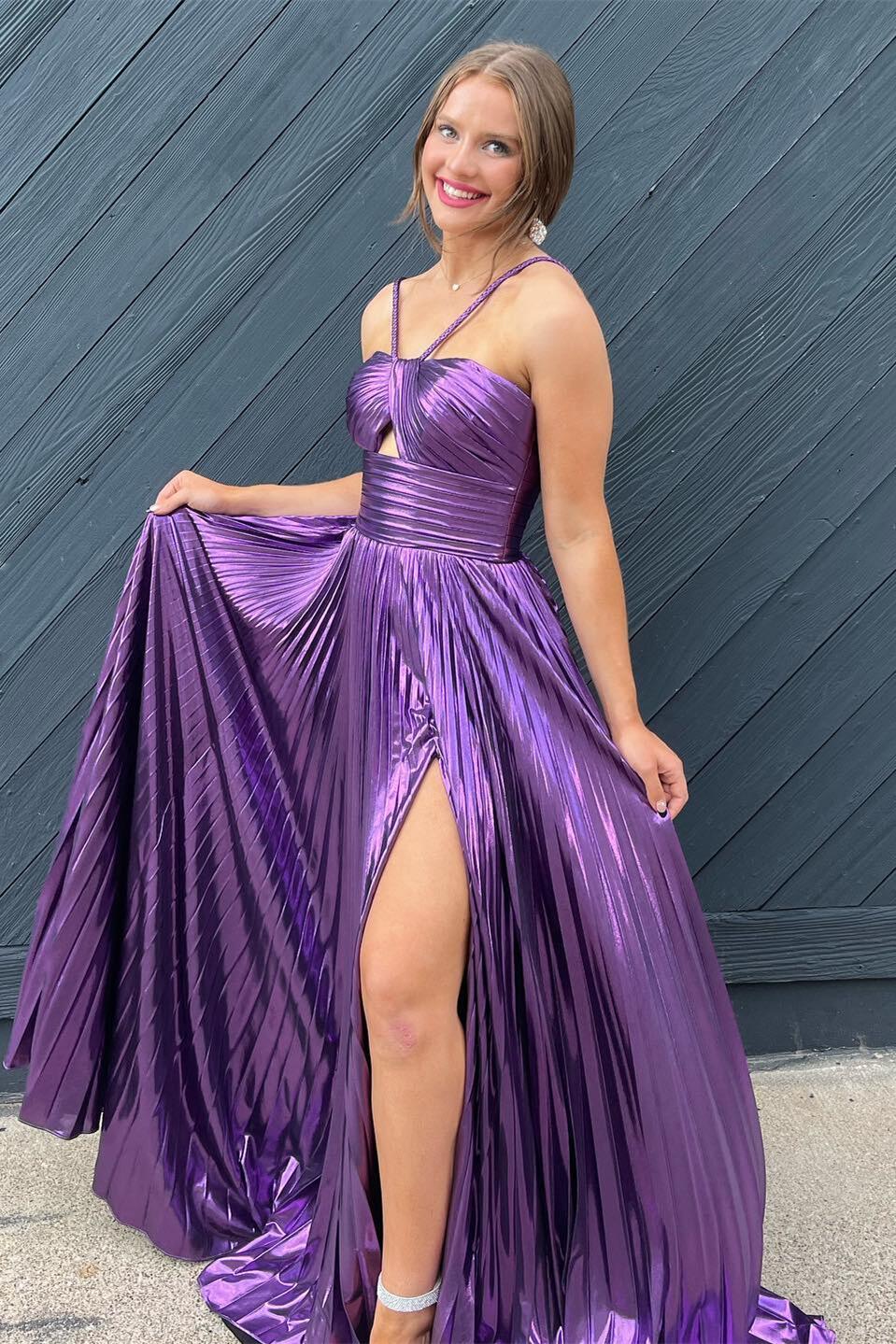 Halter Purple A-line Prom Dress with Slit – Dressesforparty