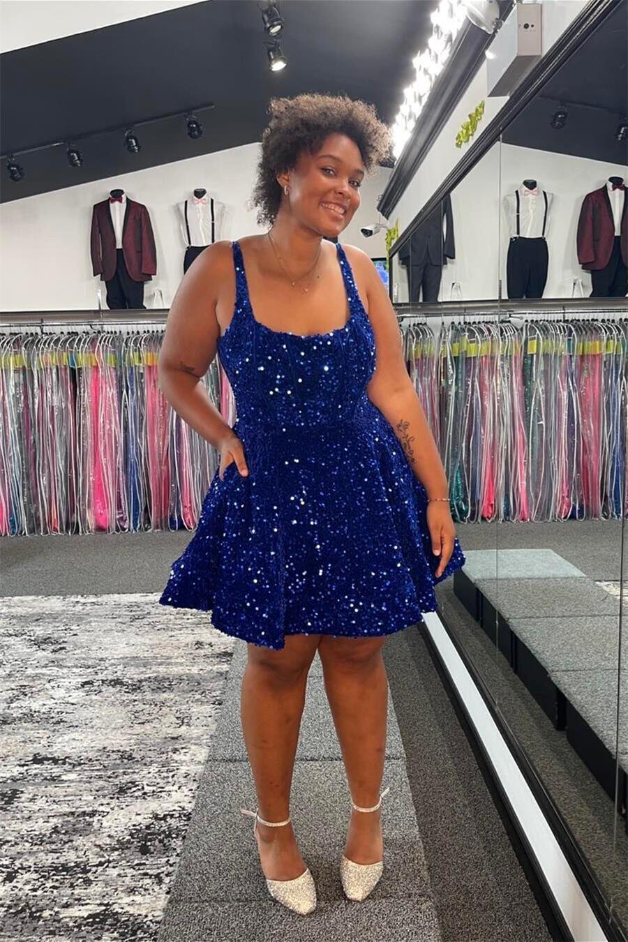 Blue Sequin Scoop A-line Short Homecoming Dress