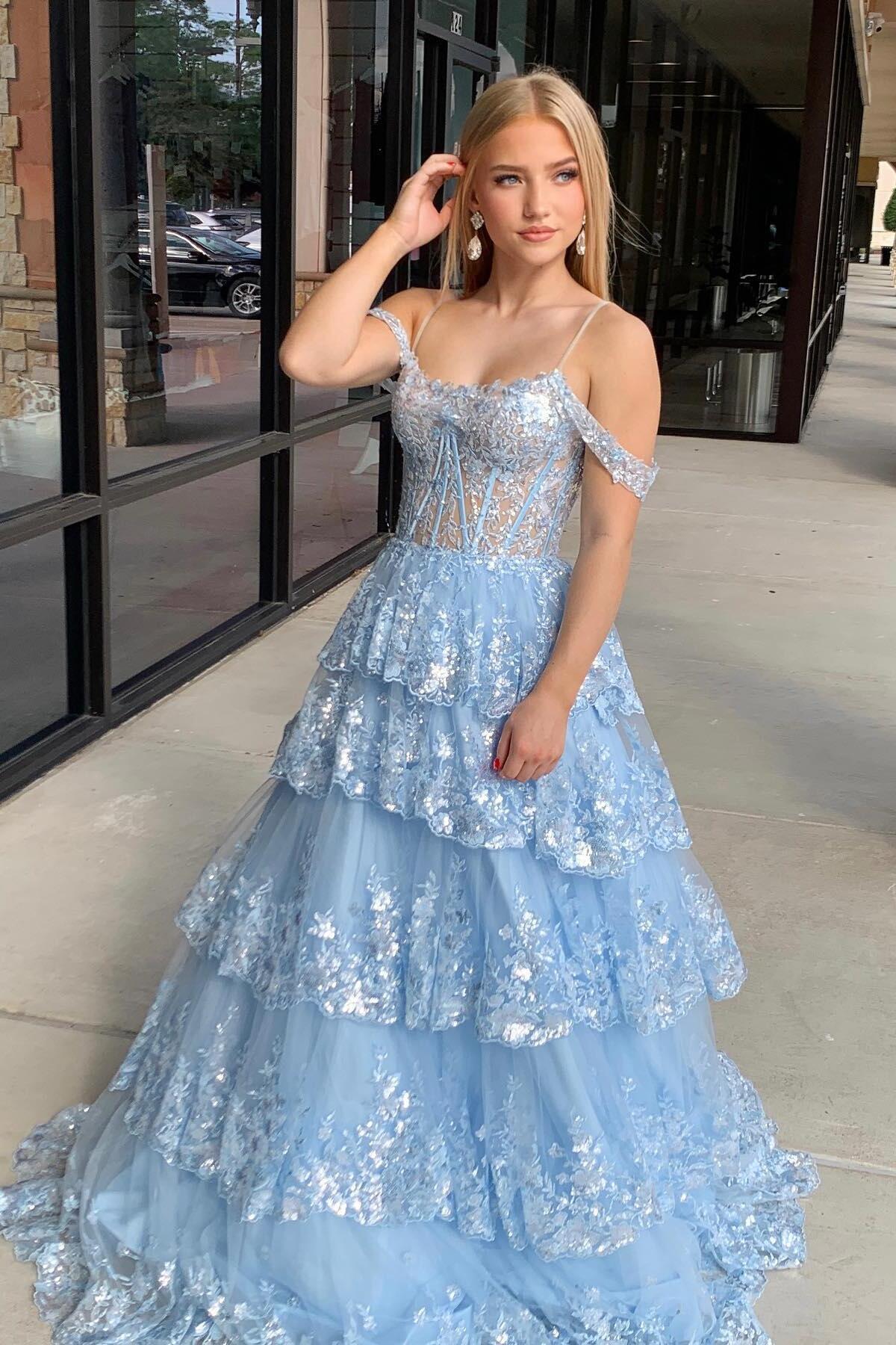 Cold Shoulders Light Blue Sequin Tulle Long Formal Gown – Dressesforparty