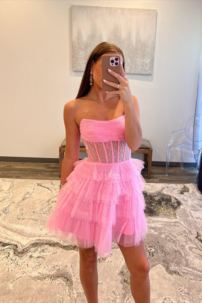 Strapless A Line Prom Dress with Flowers, Unique Pink Sweep Train Party Dresses UQ2615