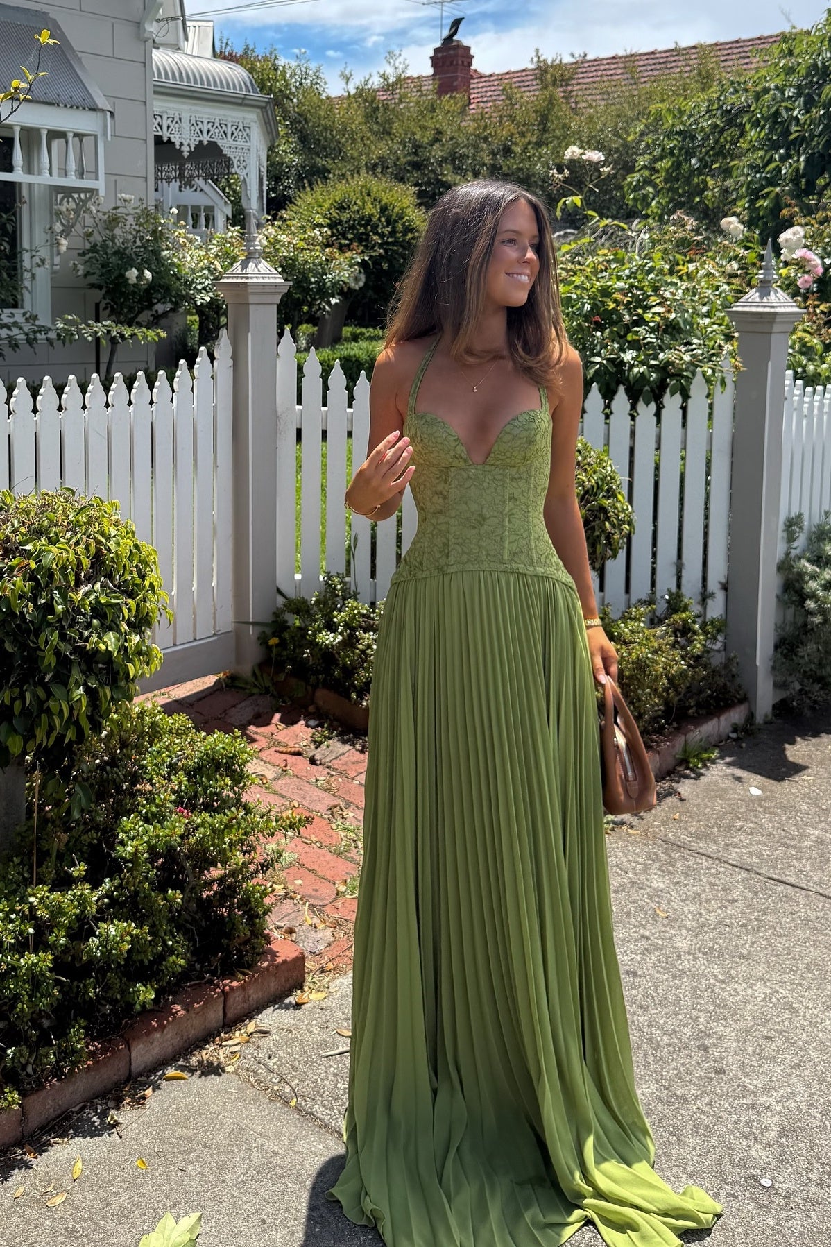 Green Halter Floral Lace Boned Corset Maxi Dress