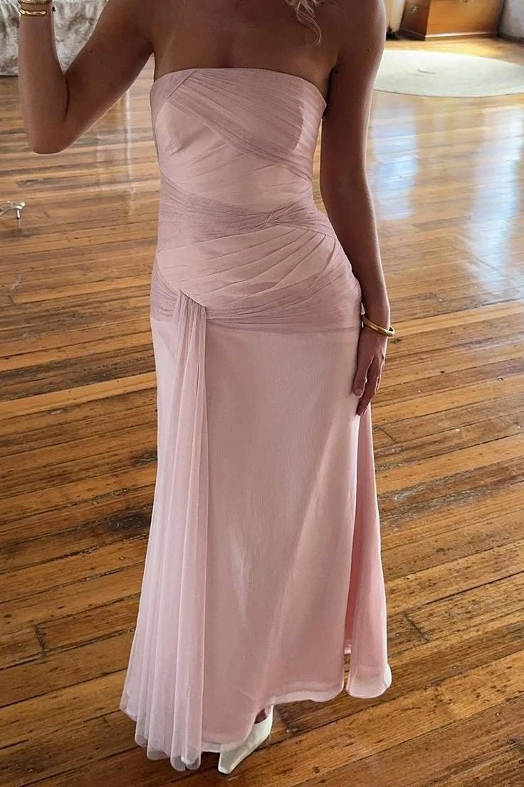 Pink Strapless Mesh Sash Long Dress