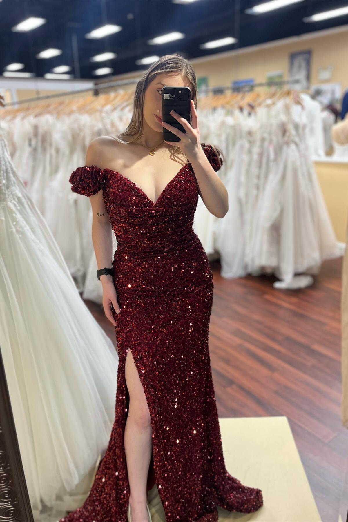 Off the shoulder Burgundy Sequin Mermaid Prom Dress Dressesforparty Off the shoulder Burgundy Sequin Mermaid Prom Dress Dressesforparty