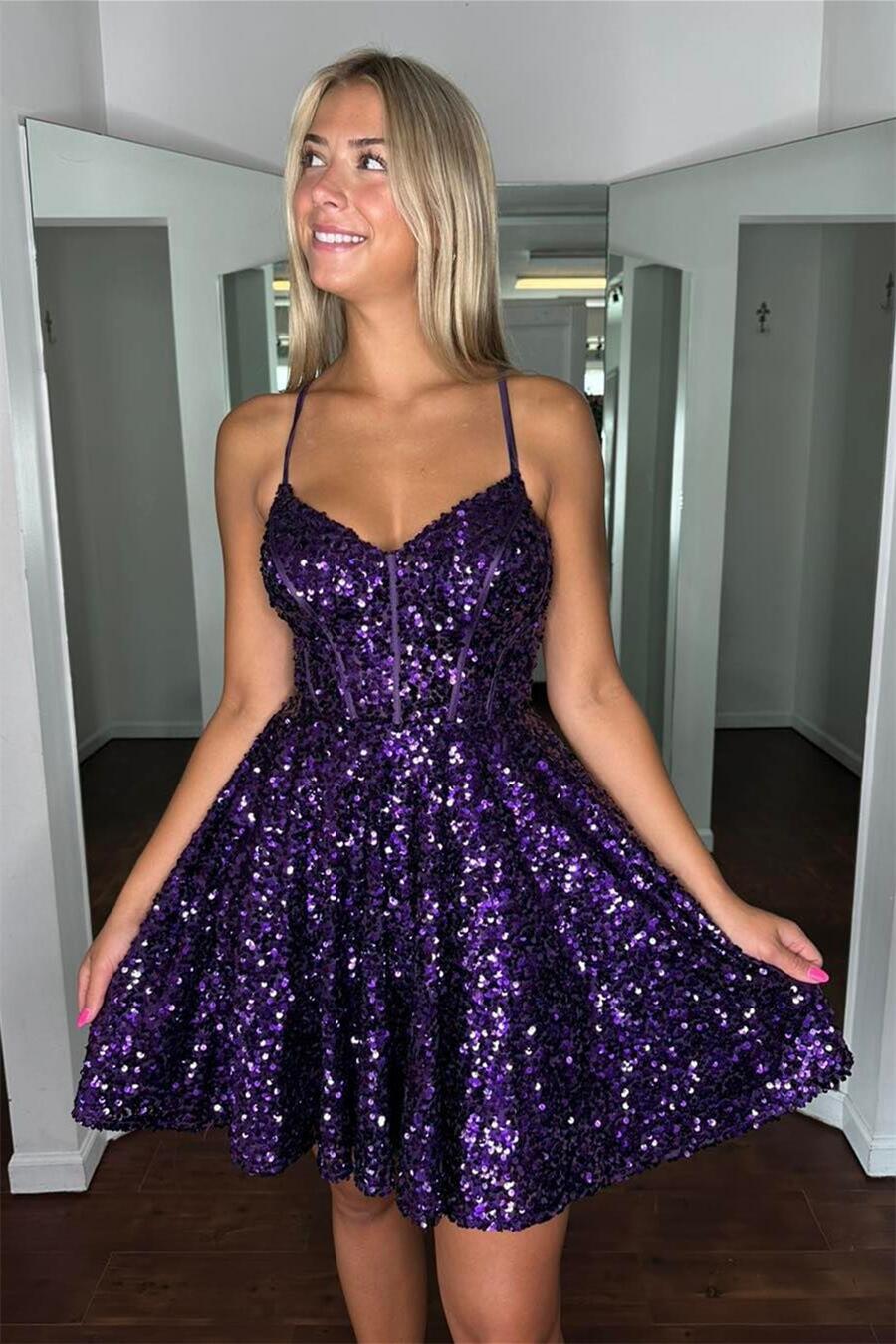 fitted lace wedding dress Purple Sequin A-line Short Homecoming Dress – Dressesforparty