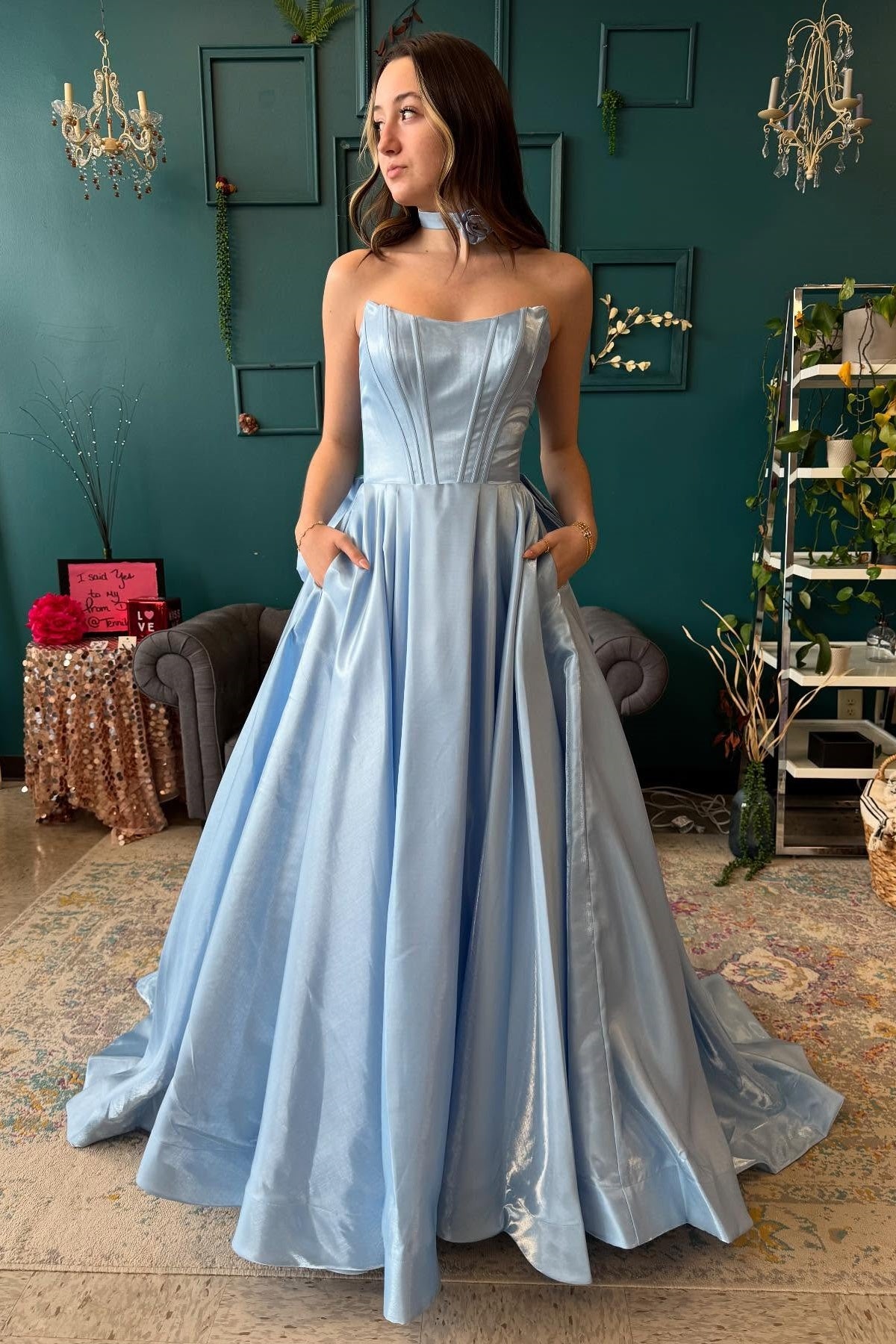 my formals prom dresses Amoris T814 Long V-Neckline A-Line Satin Dress with Pockets Smokey Blue / L