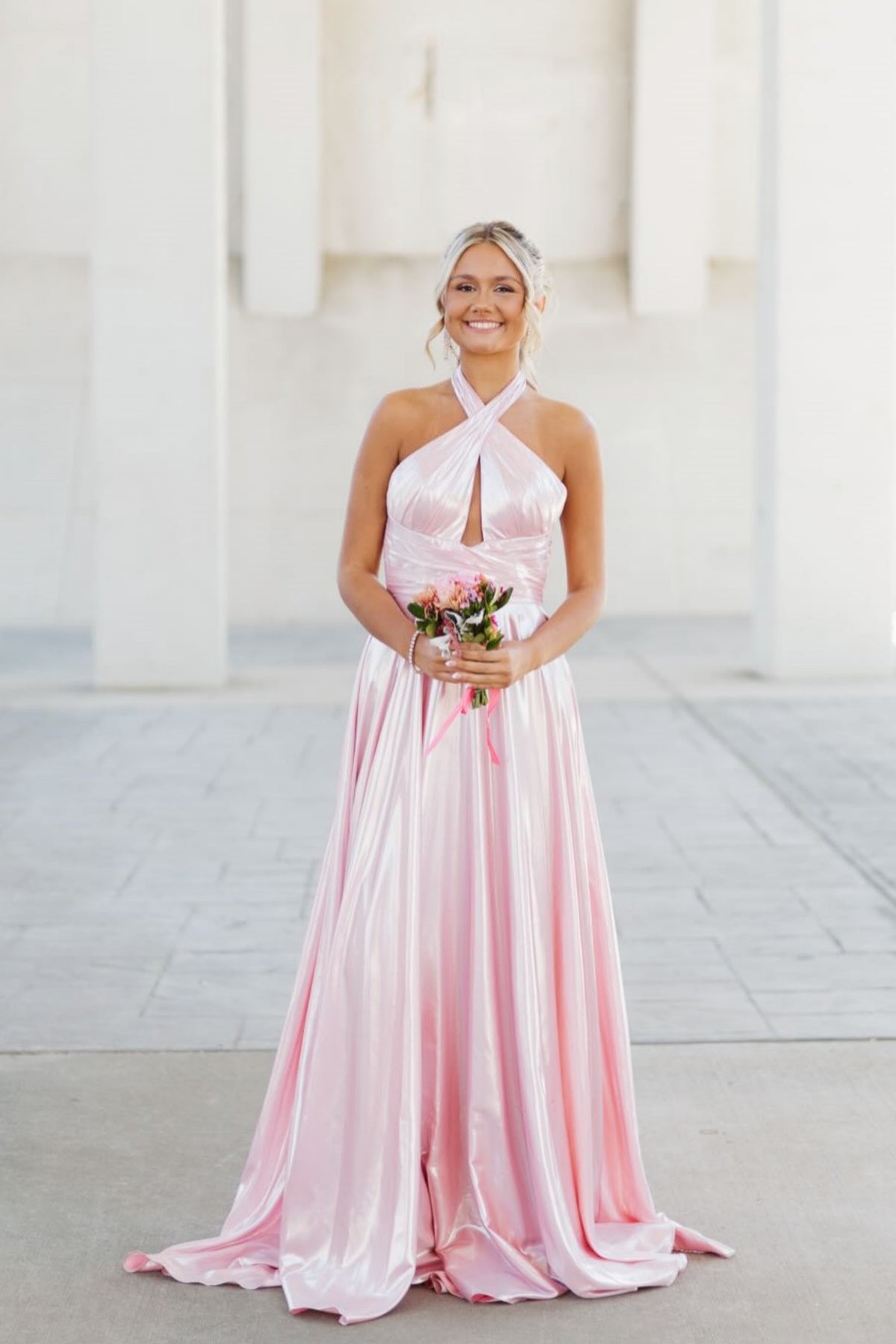 Pink Halter Keyhole A-Line Dress