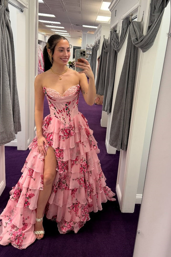 A Line Pink Floral Prom Dresses with Tiered Ruffles SH725 main image 0