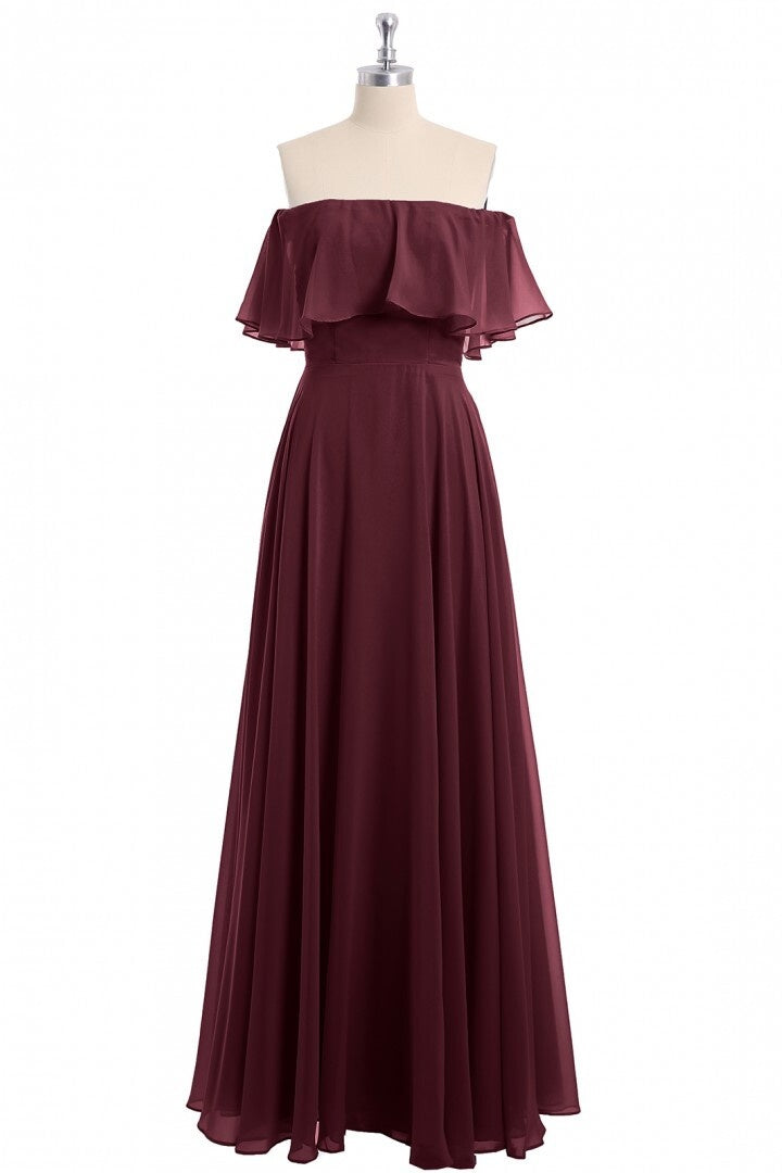 Burgundy Flounce Strapless Chiffon A-line Long Bridesmaid Dress