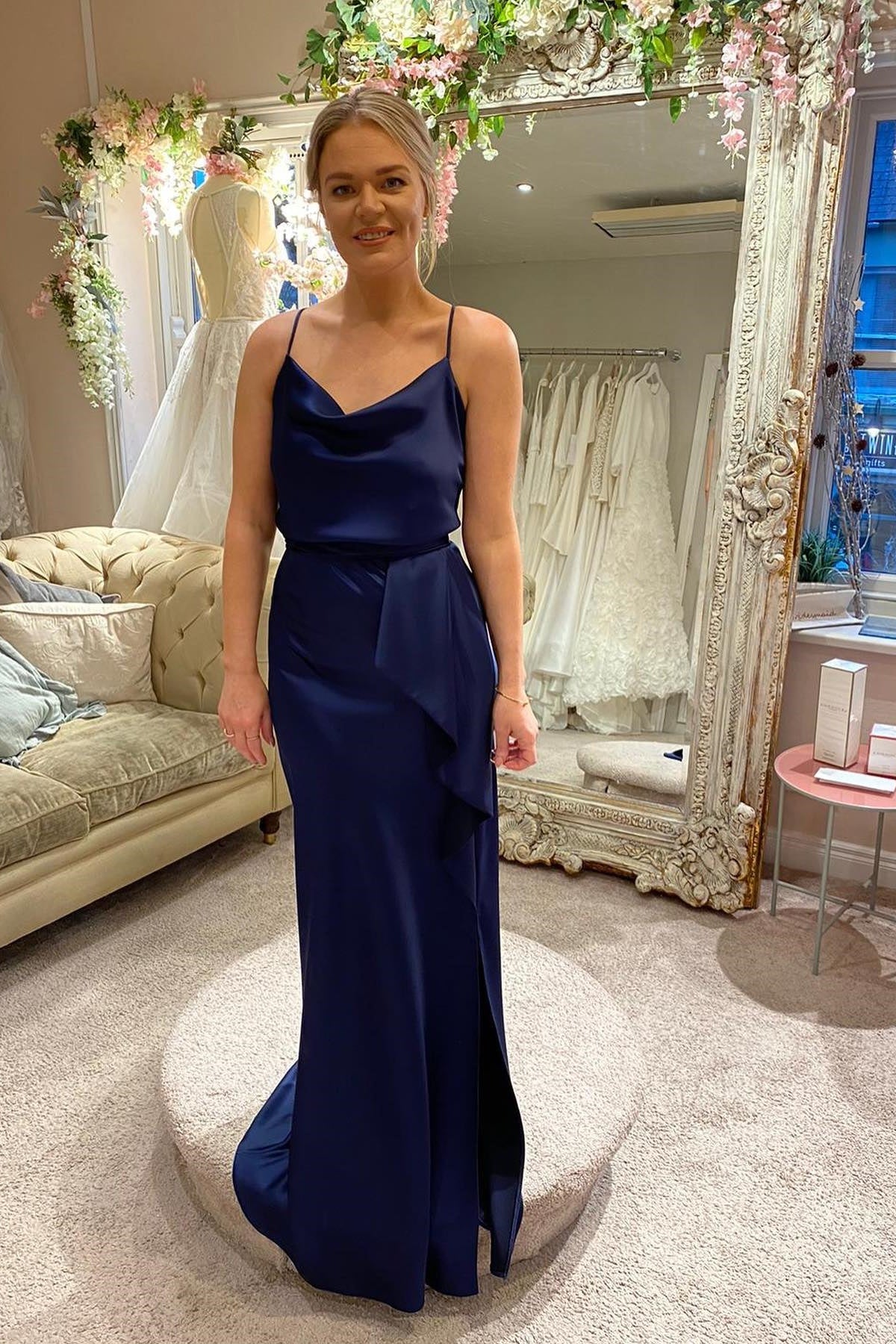 Navy Blue Cowl Neck Ruched Bridesmaid Dress  Dressesforparty