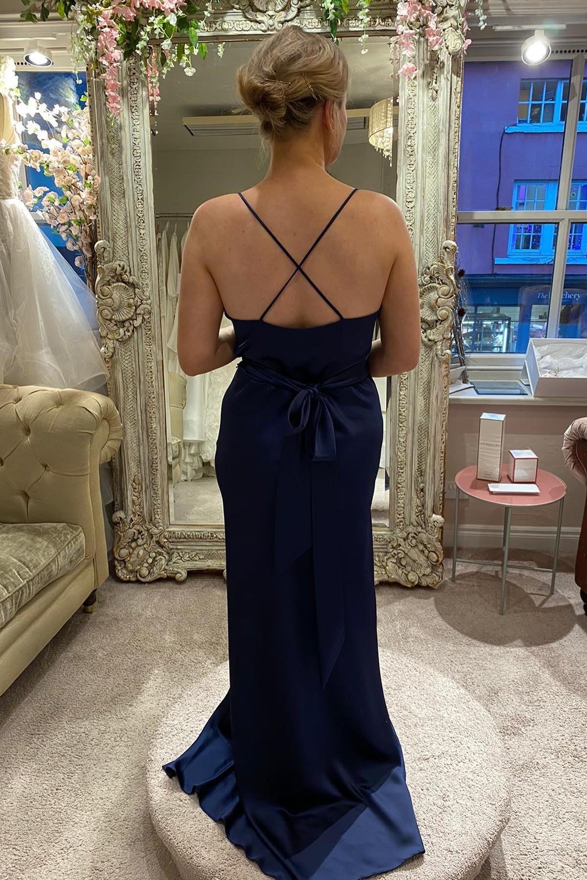 Navy Blue Cowl Neck Ruched Bridesmaid Dress Dressesforparty Navy Blue Cowl Neck Ruched Bridesmaid Dress Dressesforparty