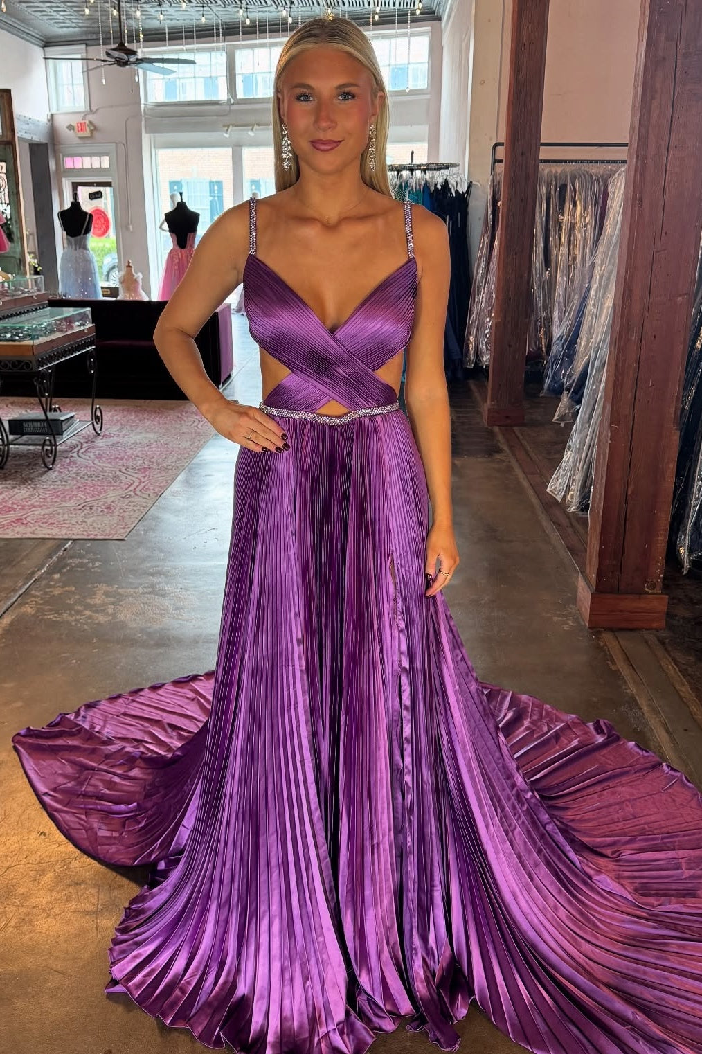 purple pleated prom dress Classic Purple Straight Across Beaded Pleated Sleeveless Prom Dress YK0108