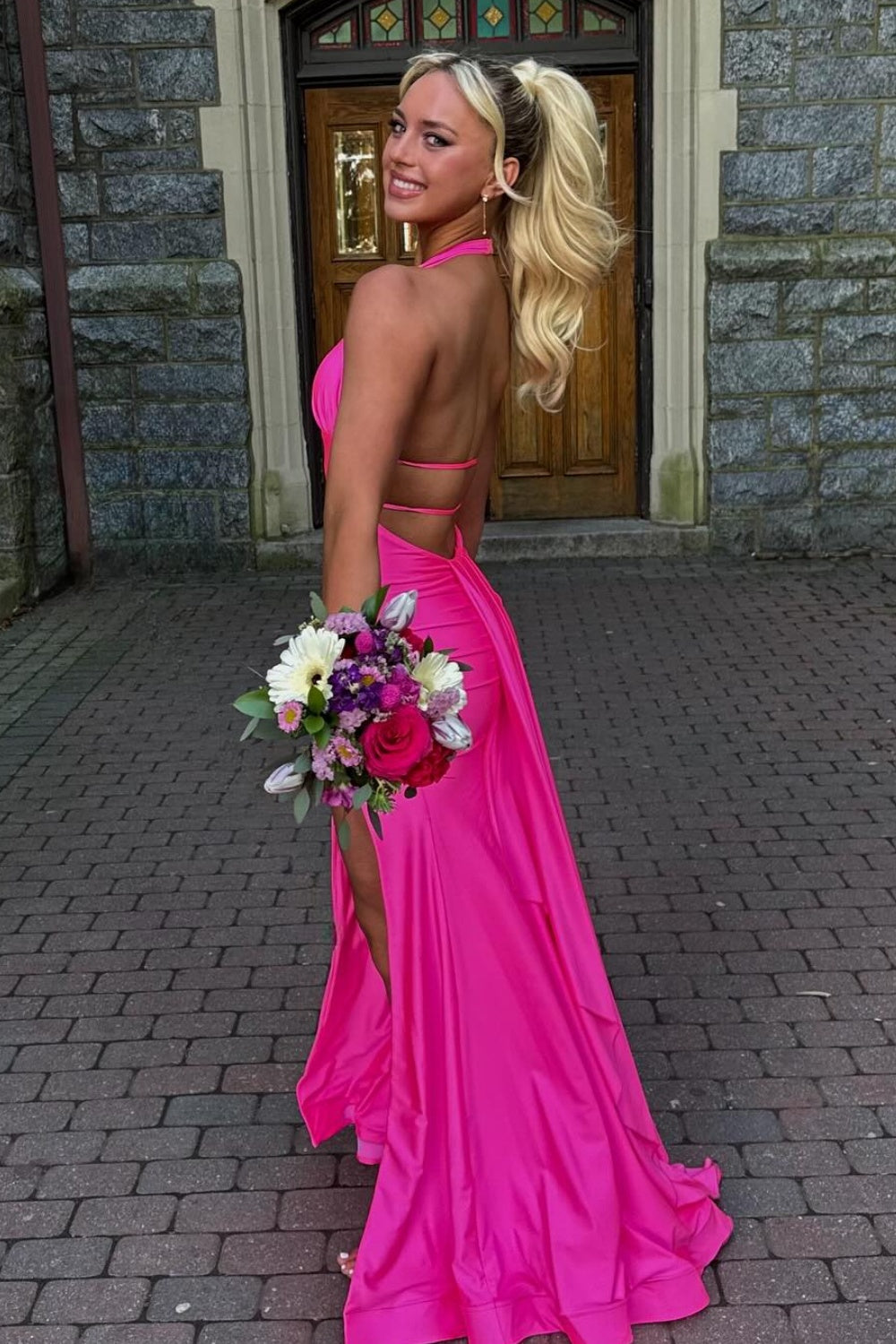 Fuchsia Halter Mermaid Side Slit Prom Dress with Train Dressesforparty Fuchsia Halter Mermaid Side Slit Prom Dress with Train Dressesforparty