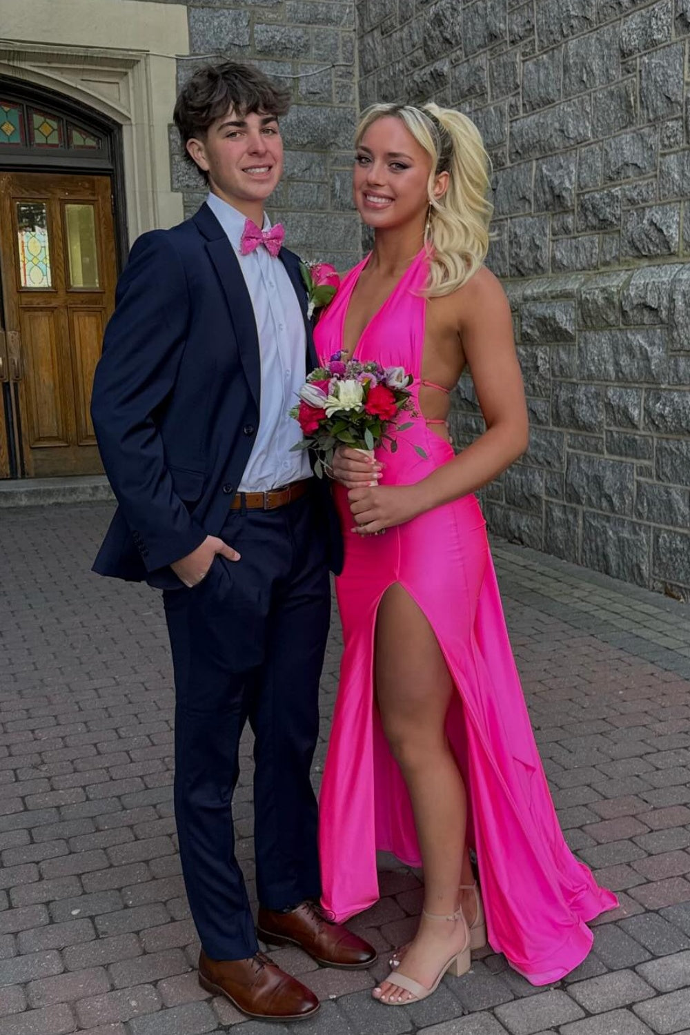 Fuchsia Halter Mermaid Side Slit Prom Dress with Train