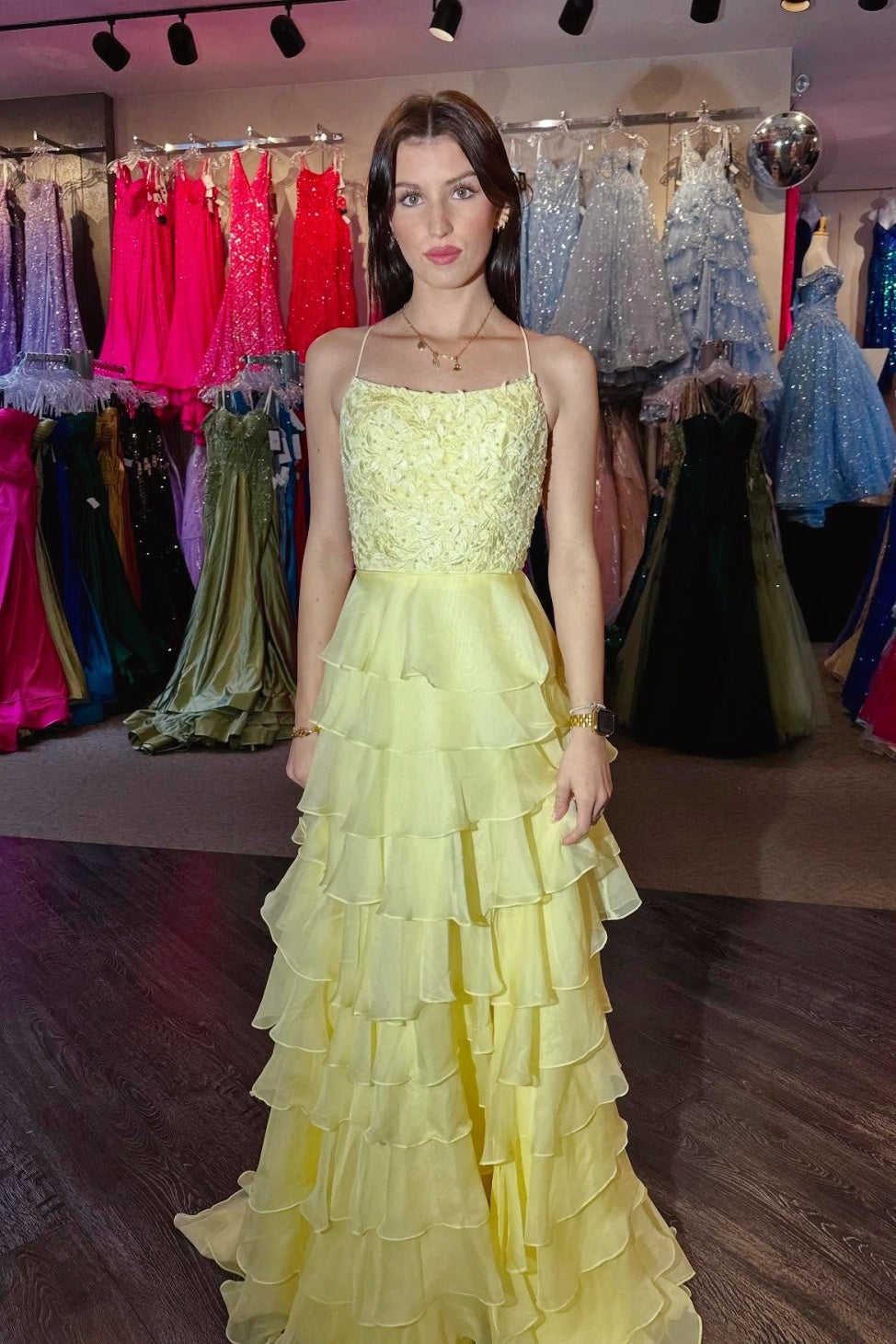 Yellow Spaghetti Strap Lace Applique Beaded Ruffle Prom Dress