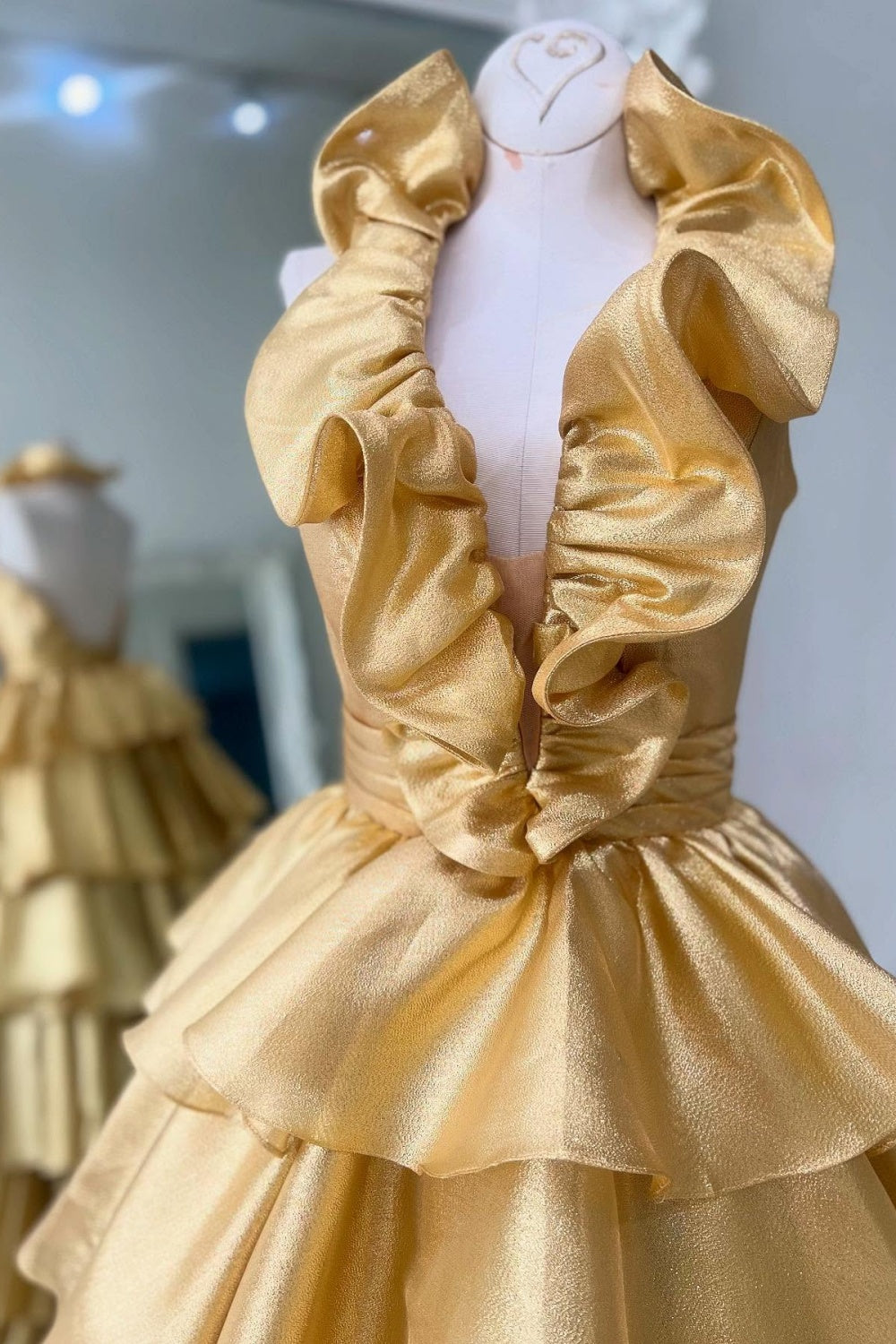Golden Halter Ruched Neckline Ruffle Prom Dress Dressesforparty Golden Halter Ruched Neckline Ruffle Prom Dress Dressesforparty