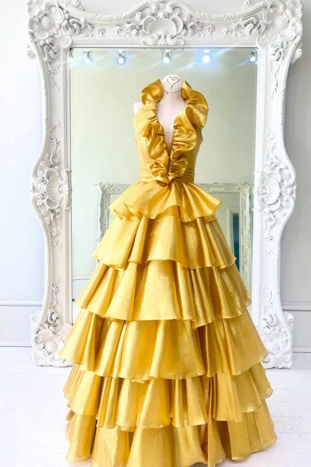 Golden Halter Ruched Neckline Ruffle Prom Dress Dressesforparty Golden Halter Ruched Neckline Ruffle Prom Dress Dressesforparty
