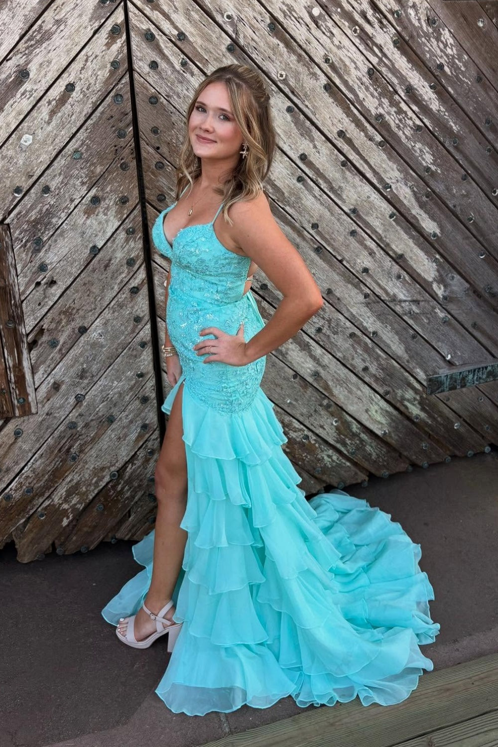 aqua lace prom dress Yellow Spaghetti Straps Mermaid Lace Appliqued Prom Dresses With Ruffles Aqua / 00