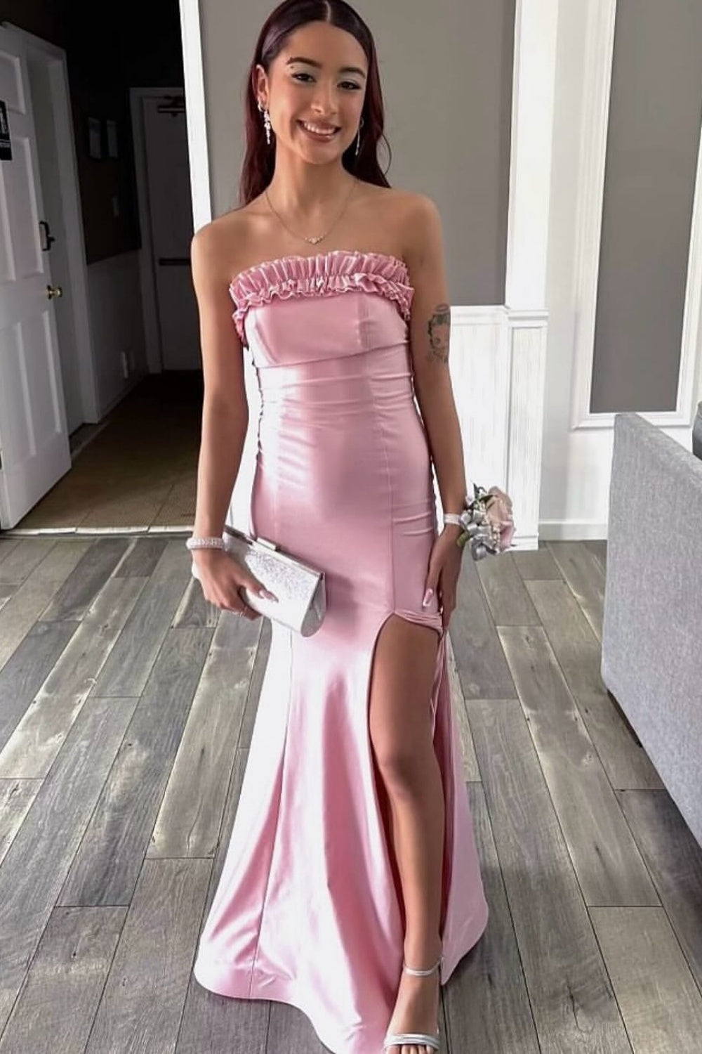 Strapless Purple Lace-up Mermaid Dress with Side Slit