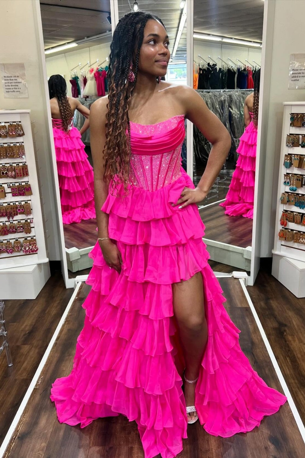 Strapless A-line Fuchsia Ruched Sequin Ruffle Prom Dress
